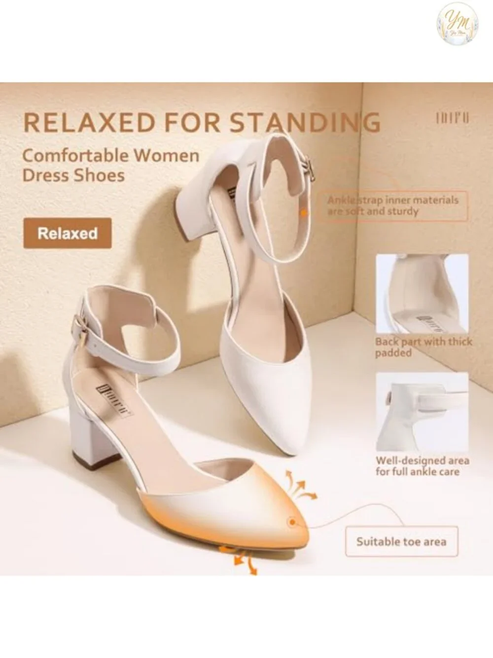 IDIFU Womens Pumps Low Block Heels Chunky Heel Pointed Toe Ankle Strap